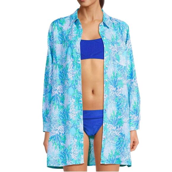 LILLY PULITZER Lagoon Linen Cover-Up Shirt Dress Women S Oversize Beach Resort - Picture 4 of 16